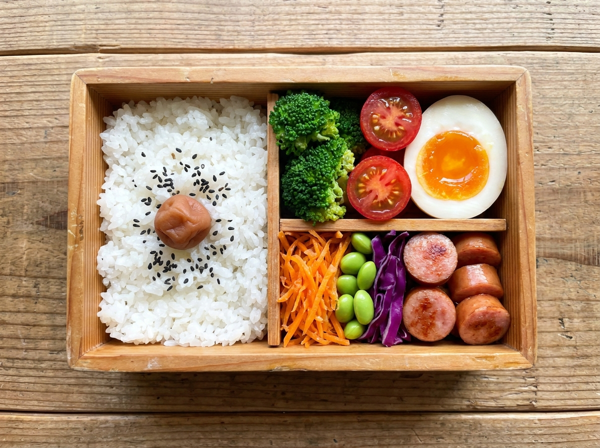彩り豊かな野菜と少量の加工肉を組み合わせたお弁当の写真