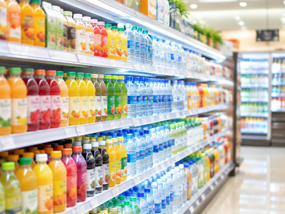 スーパーの飲料売り場に並ぶ商品棚