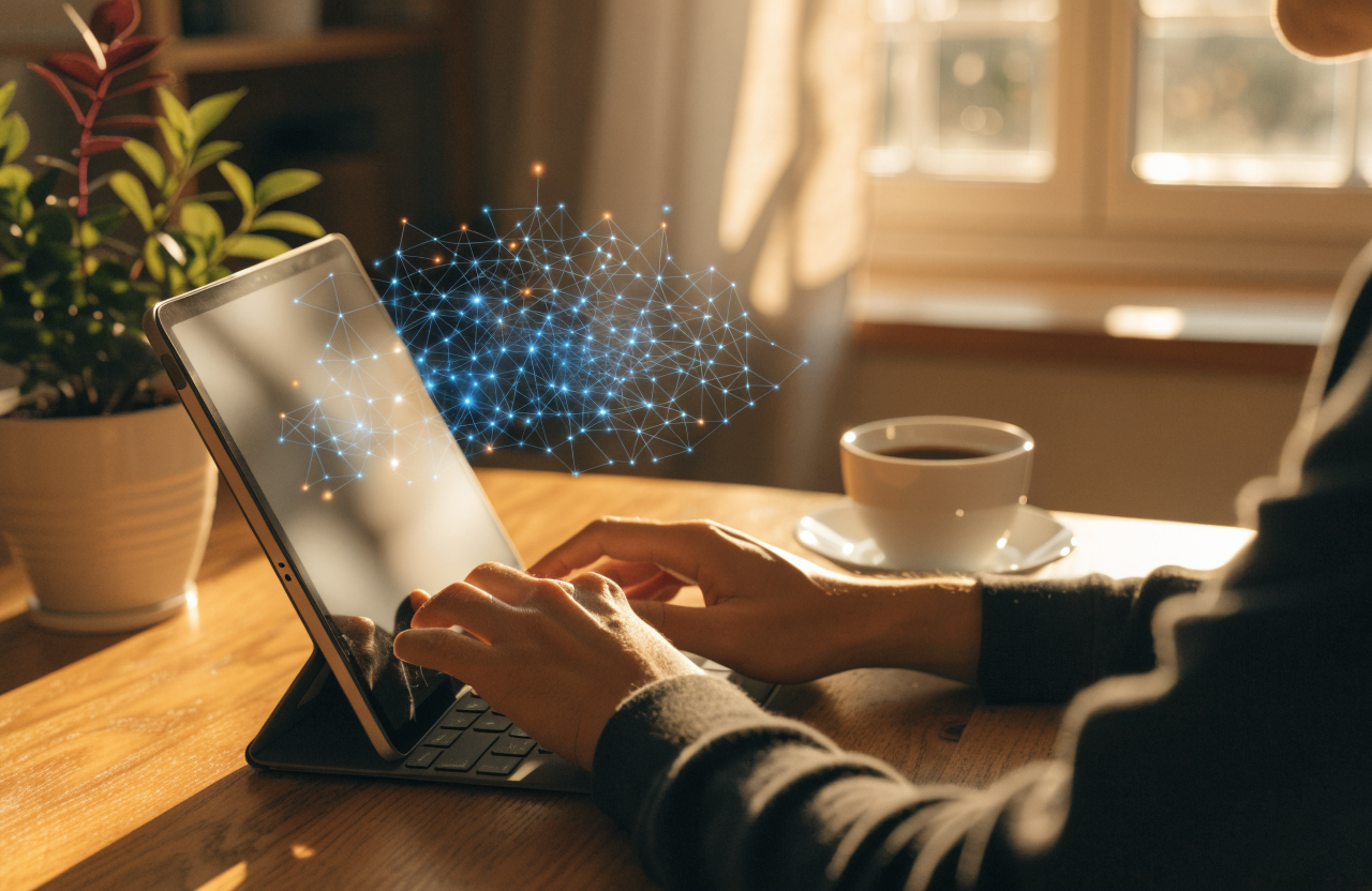 やわらかい光の中でタブレットに向かう手元と、抽象的なAIネットワークのイメージ