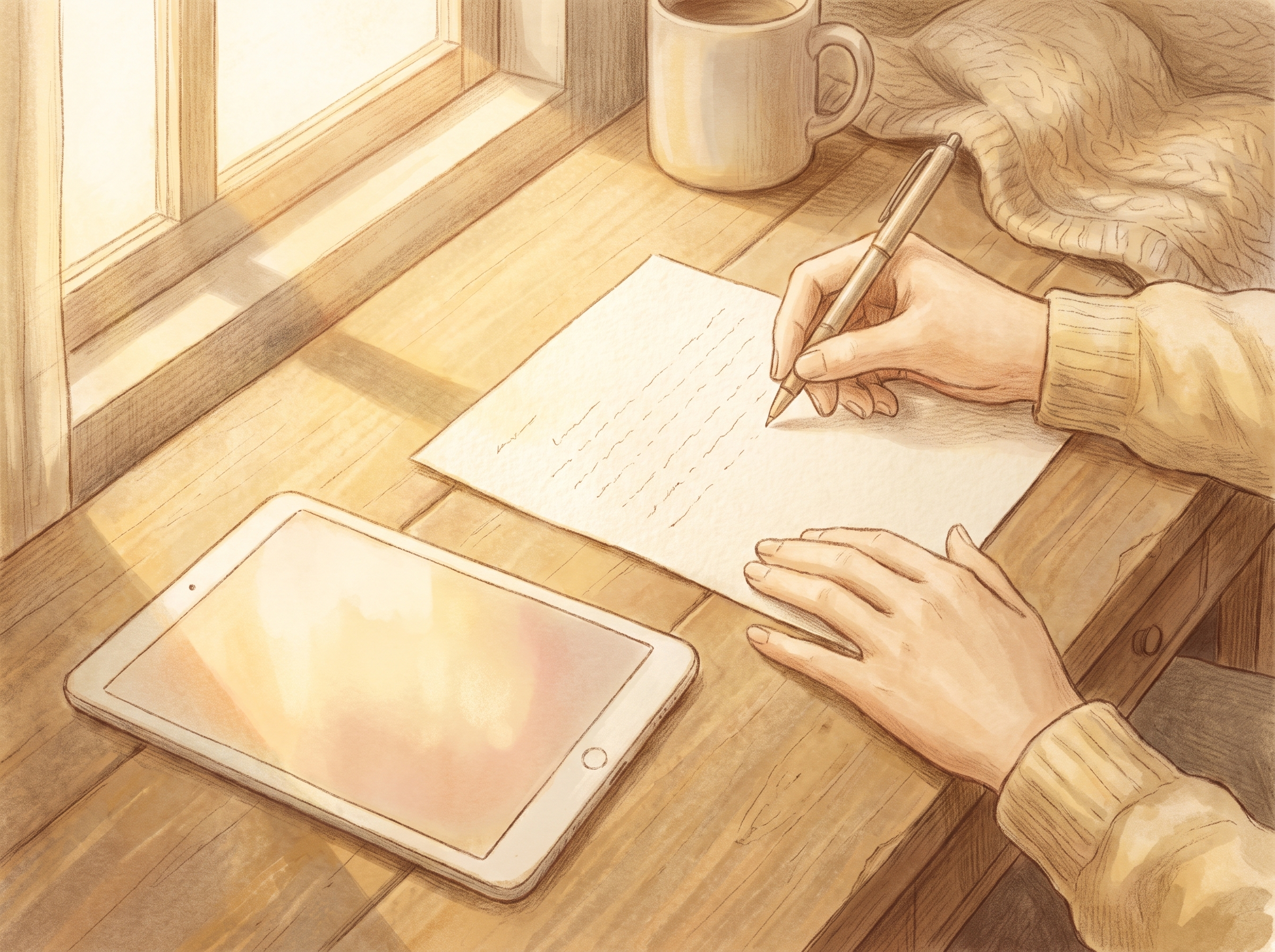 タブレットの画面を見ながら、あたたかい光の差す部屋で手紙の下書きを考えている様子のイラスト