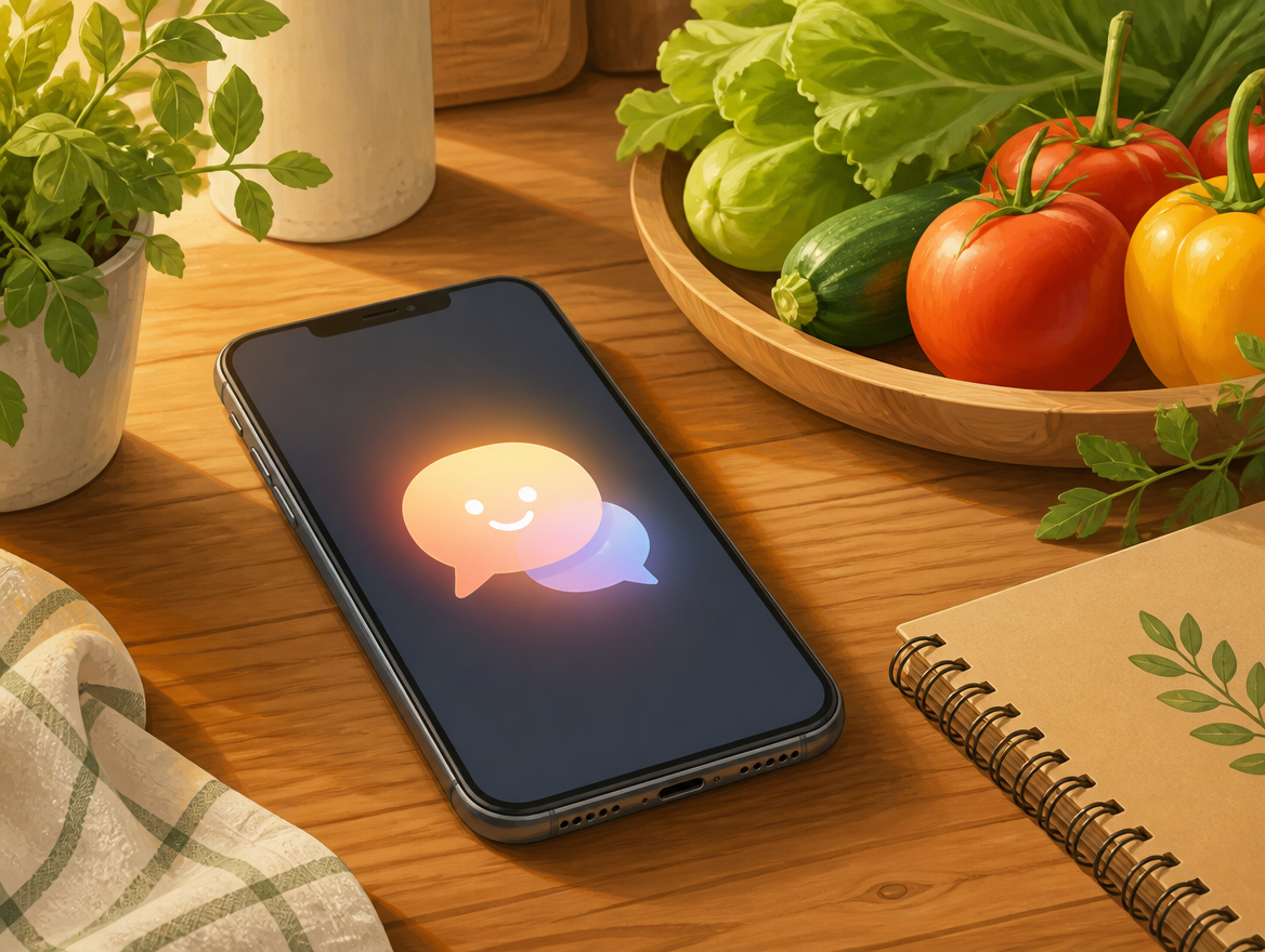 スマートフォンで献立の相談をしながら台所で調理をするイメージ
