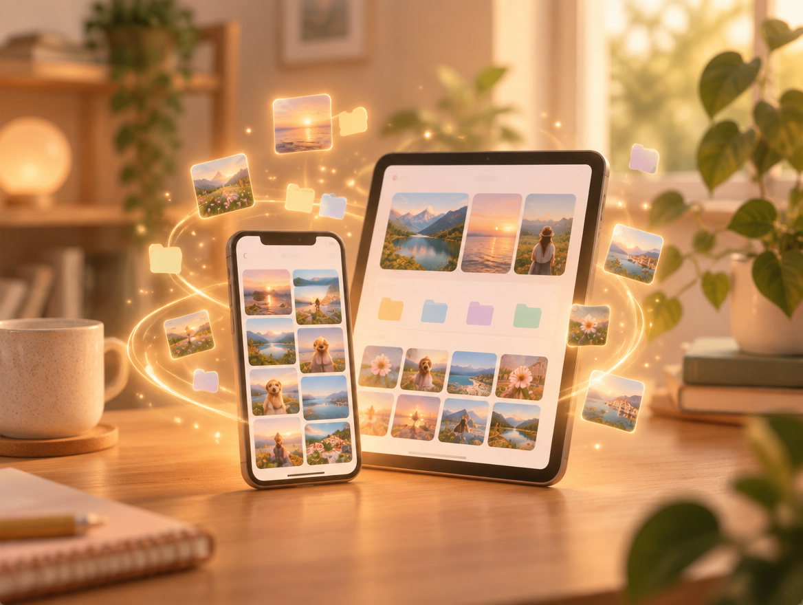 スマホやタブレットで写真を整理するイメージ