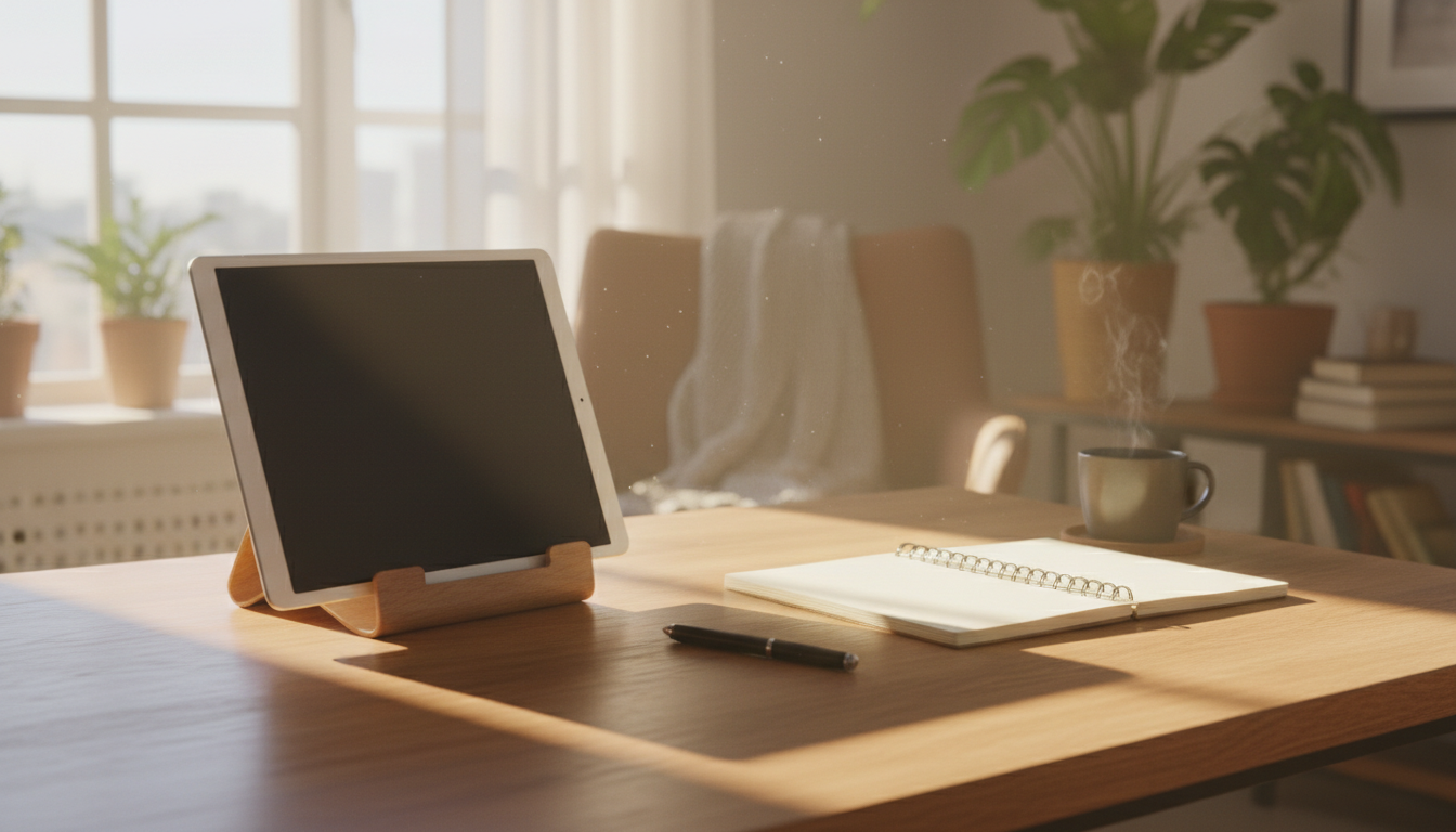 卓上スタンドに立てたタブレットとノート