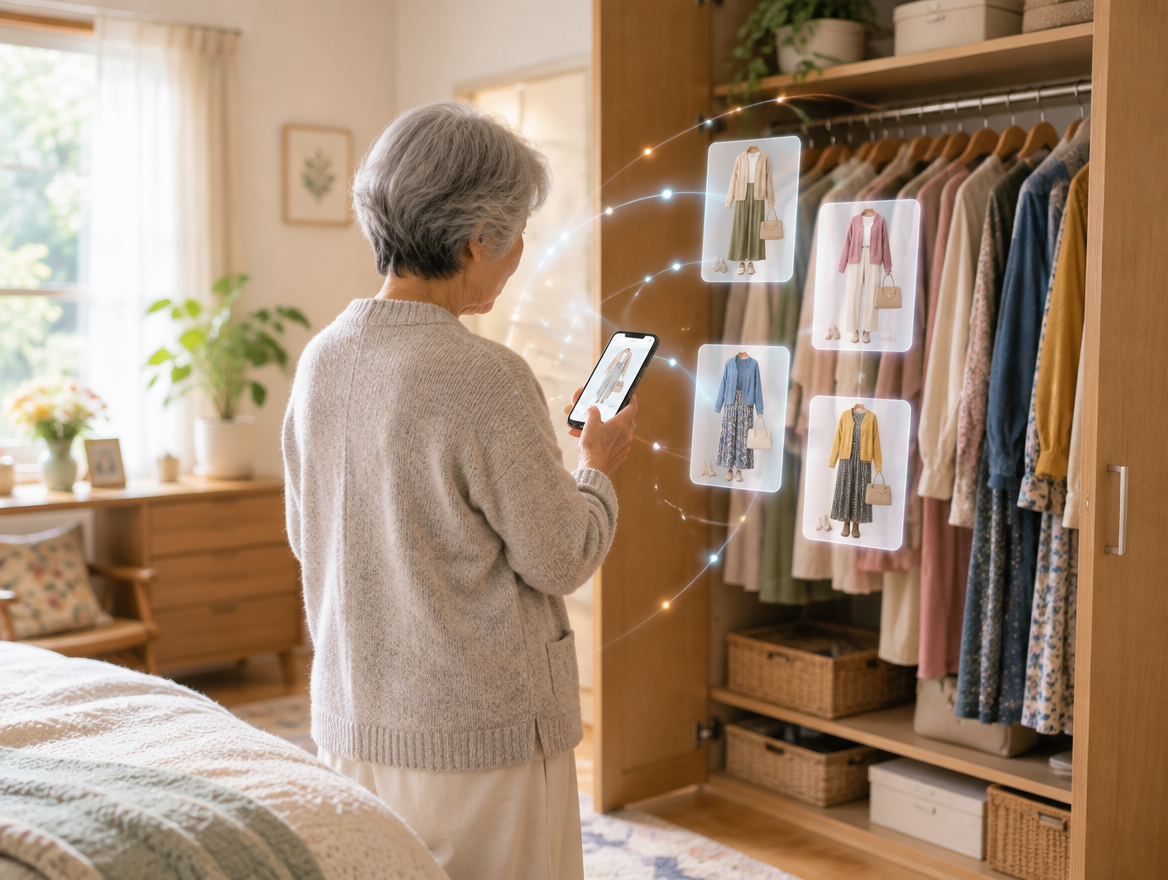 クローゼットの前でスマートフォンを見ながら服を選ぶイメージ