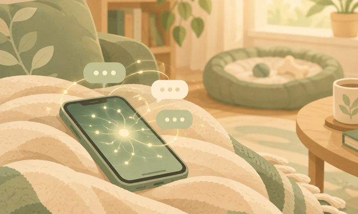 スマホで調べものをしながらくつろぐ柔らかい雰囲気のイメージ