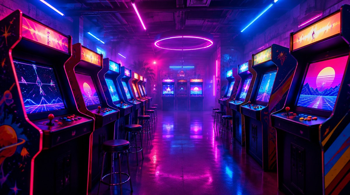 ネオンに彩られたレトロなゲームセンターのイメージ