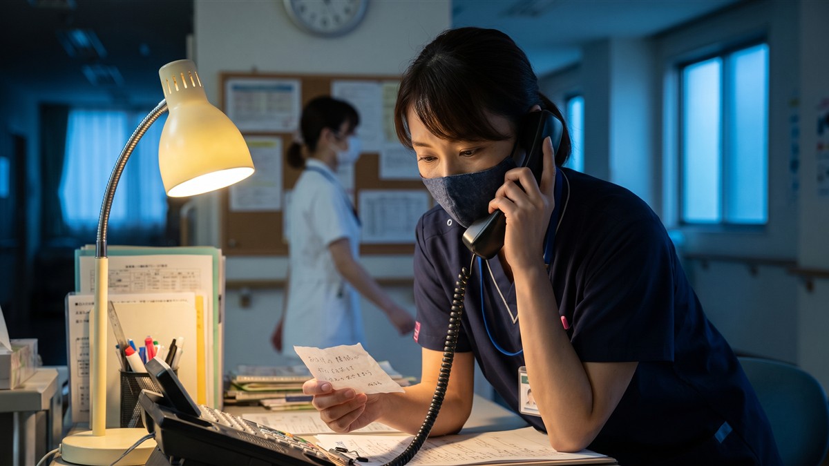 ナースステーションでメモを見ながら電話で報告する看護師