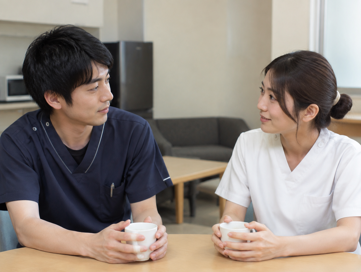 夜勤の休憩室で語り合う看護師