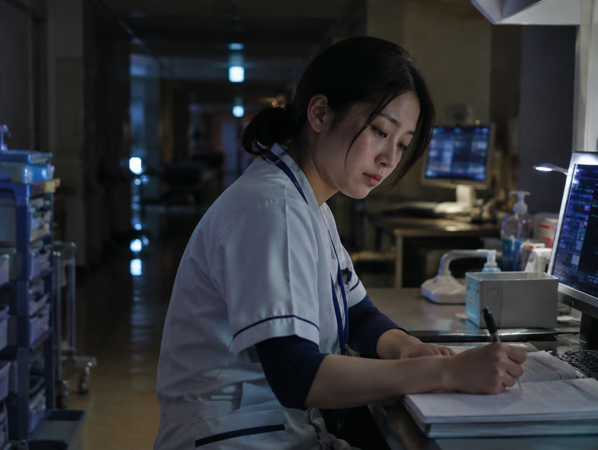 夜勤帯に記録をつける看護師
