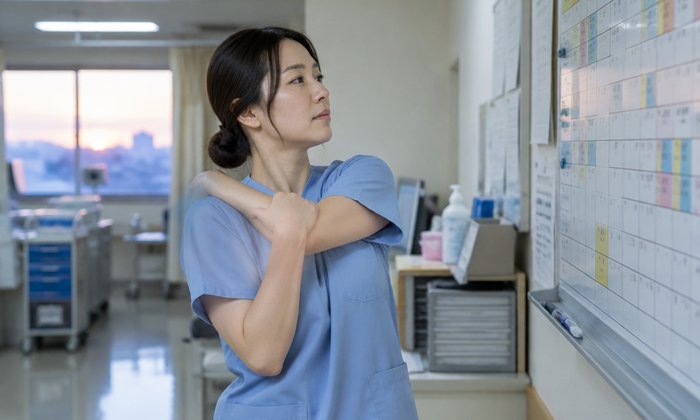 夜勤明けにナースステーションでシフトを確認する看護師