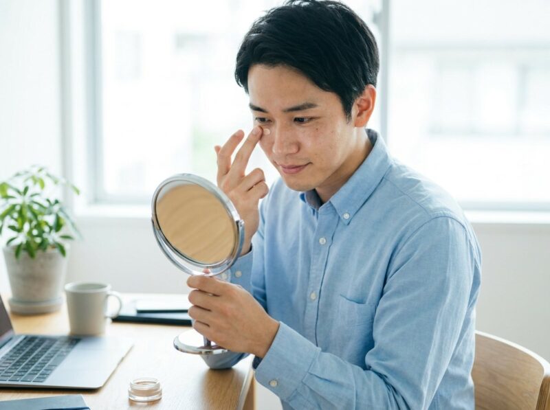 男性が鏡を見ながら指先でコンシーラーを軽くのせている様子