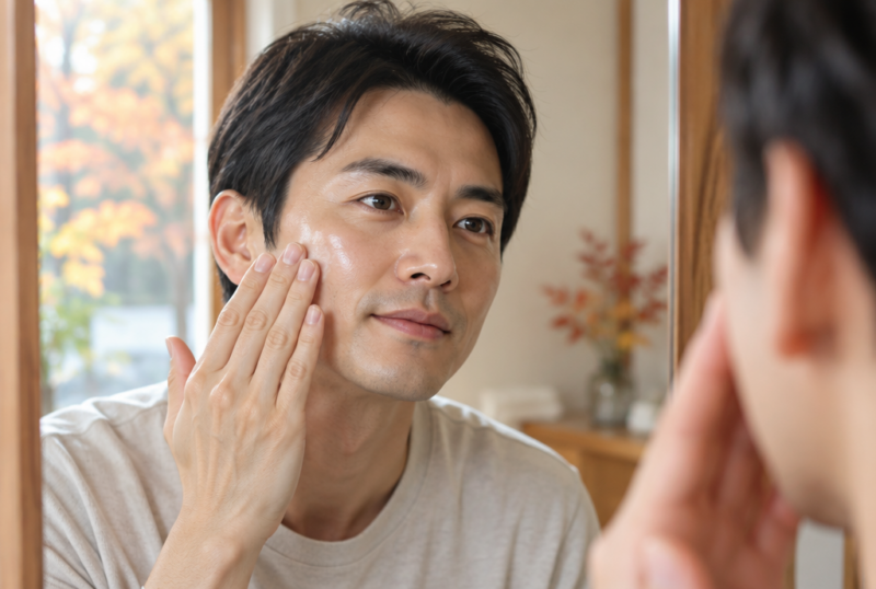 秋のスキンケアを行う清潔感のある男性のイメージ