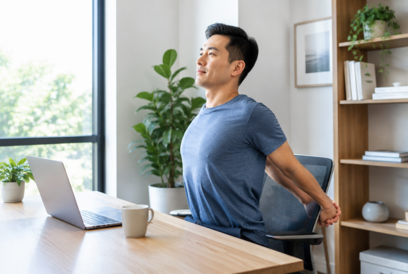 デスクワークの合間に肩甲骨を開くストレッチをする男性