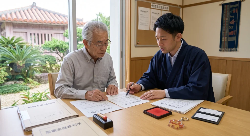 書類を確認しながら契約の説明を受ける年配の男性