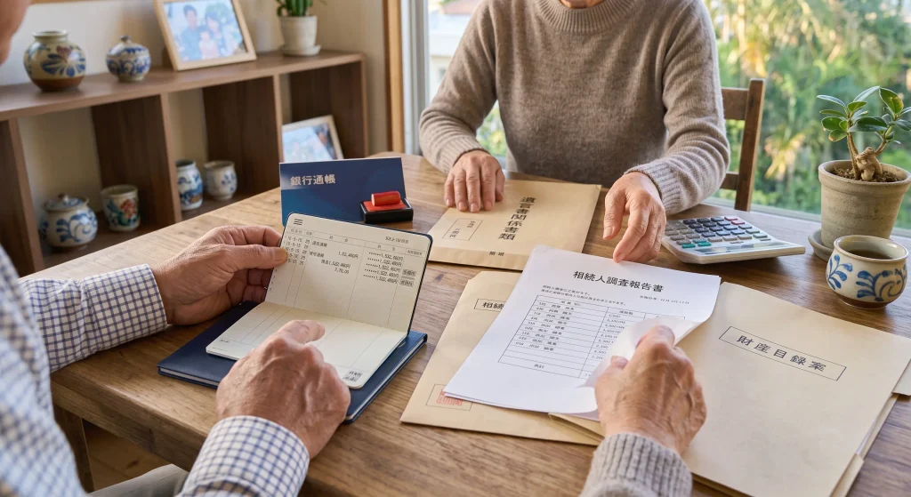 テーブルで書類を整理する手元