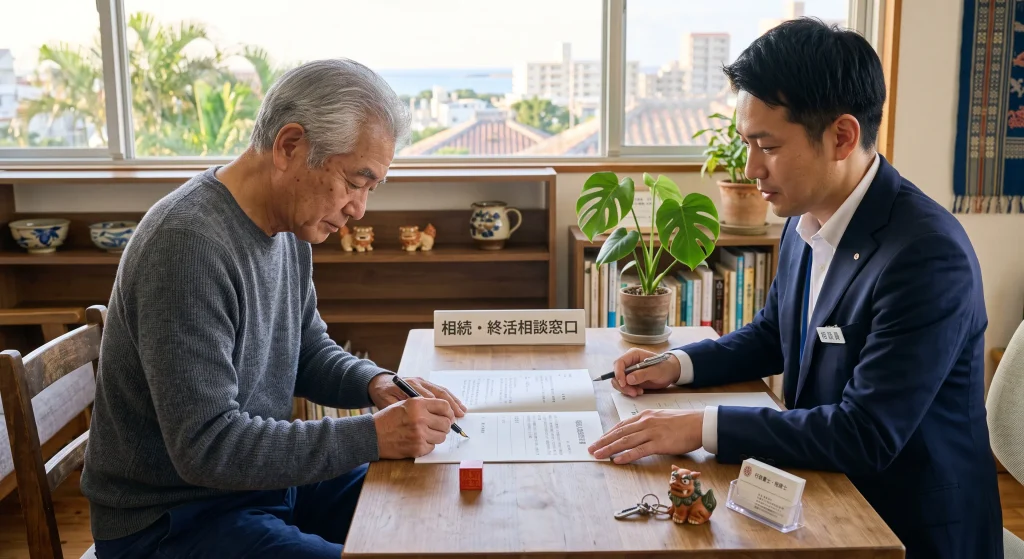 契約書に署名をする年配の男性