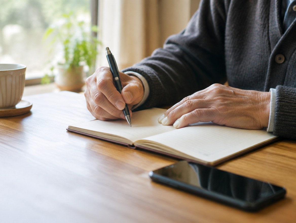 ノートに書き込みをするシニア男性の手元とスマートフォン