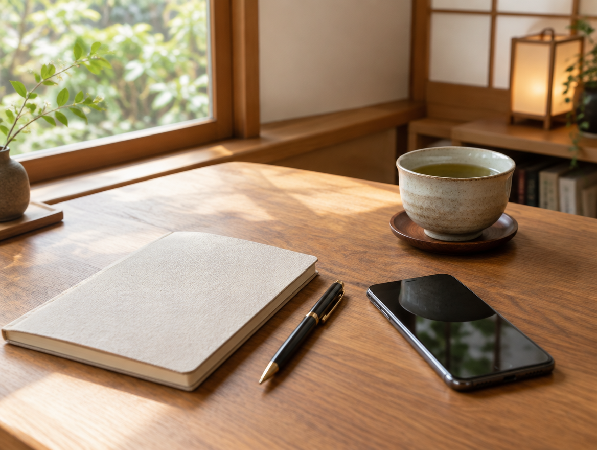 机の上に置かれたノートとペン、スマートフォン