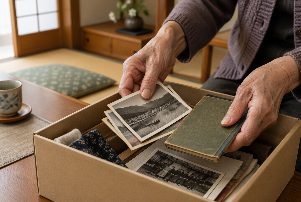 遺品の写真や品物を箱に整理する様子