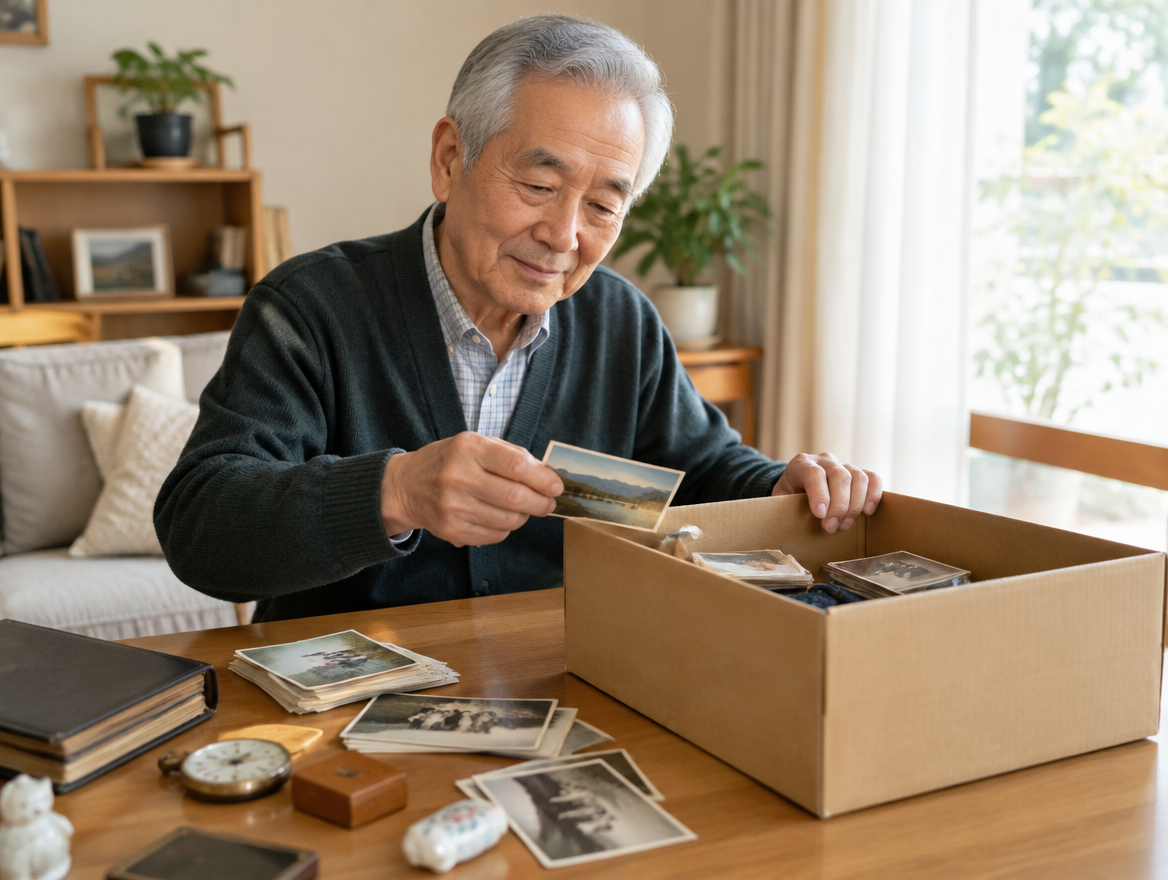生前整理で思い出の品を整理するシニア男性