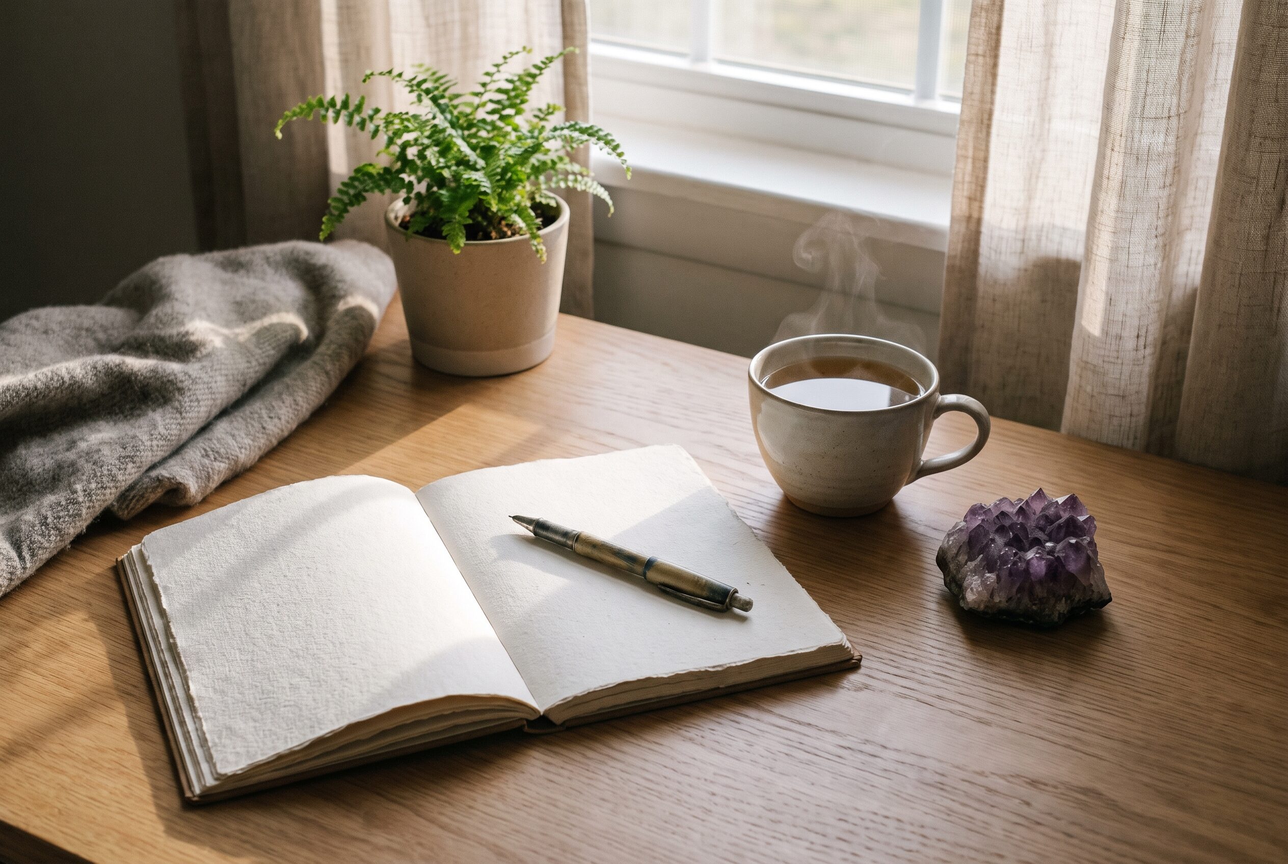 感謝日記を書くノートとお茶のある静かな朝の机