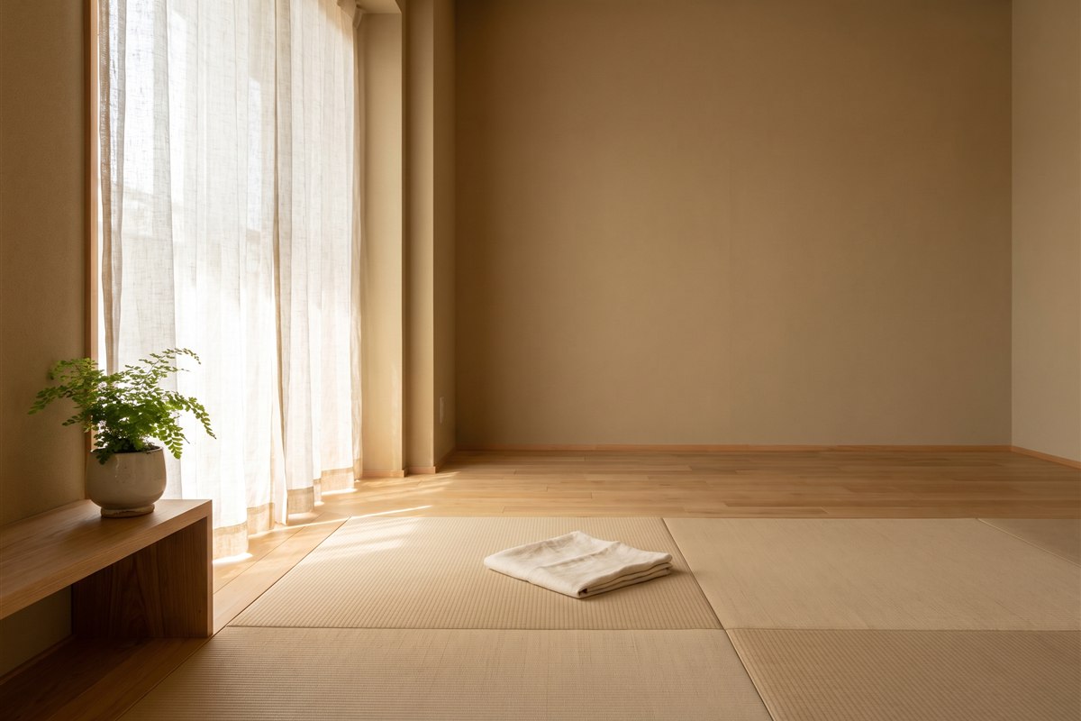 朝の光が差し込む、片づいた静かな部屋