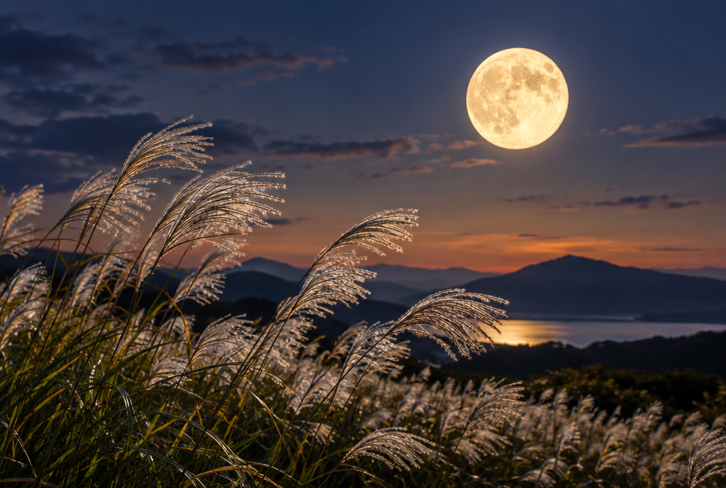 十五夜の満月とすすきの情景